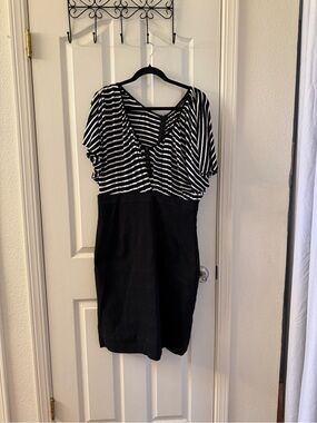 Nicole Black and White Striped V-Neck Midi Dress